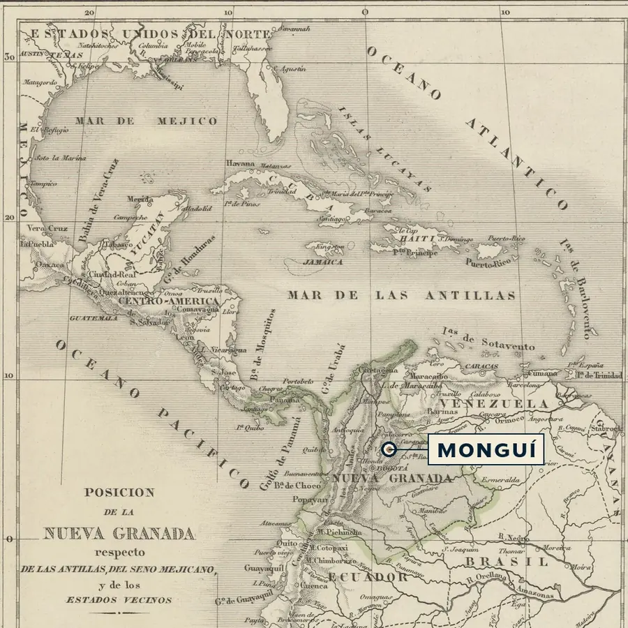 Mongu&iacute; marked on an 1847 map of Nueva Granada, the Caribbean and the Gulf.