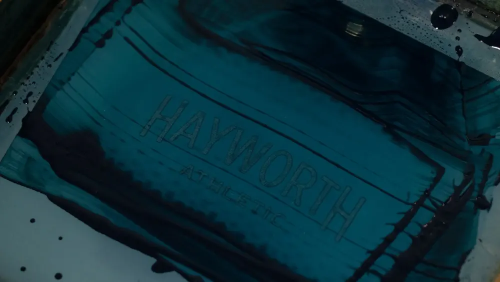 The Hayworth mark on a screen-printing frame.