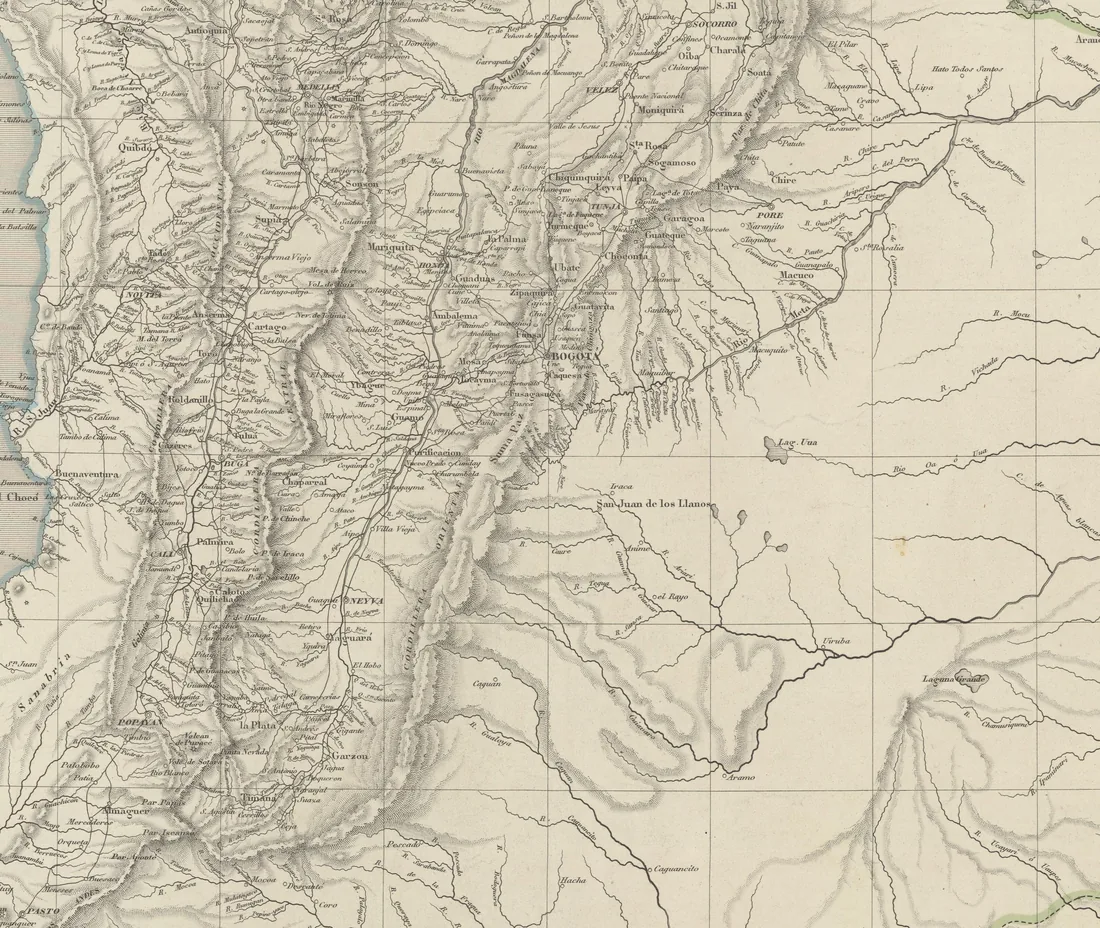 A detail of Acosta and Humboldt's 1847 chart of the Republic of Nueva Granada, the eastern cordillera around Bogotá and Boyacá, underlaying the placement of Monguí