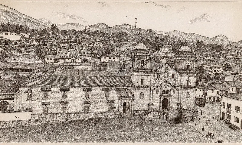 The Basilica of Our Lady of Monguí, the colonial ashlar-stone church, drawn from a photograph